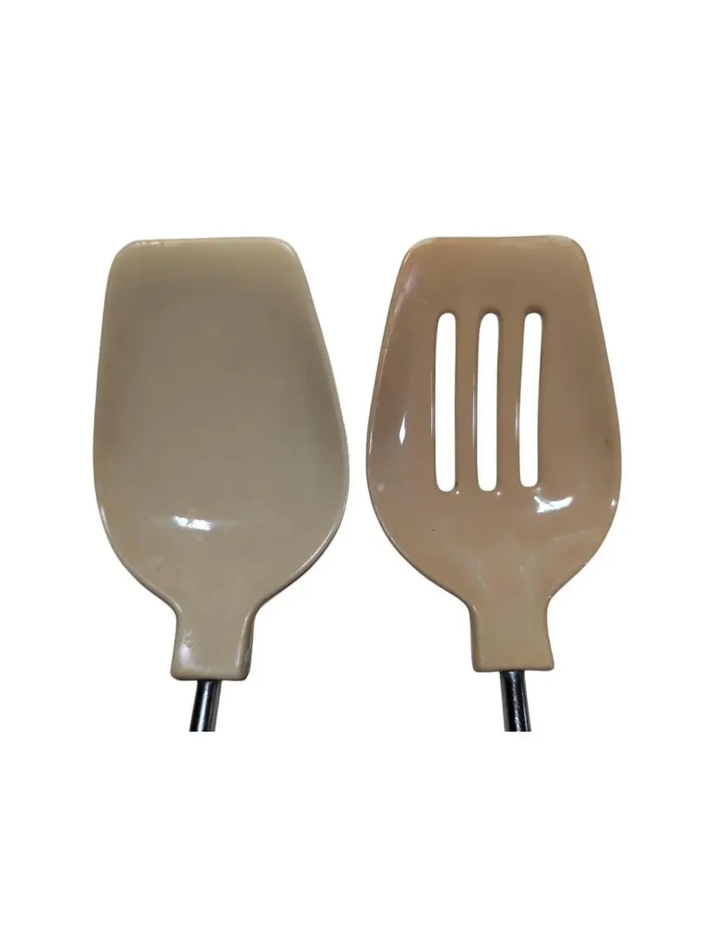 2 Vintage Unbranded Ekco-like Melamine Slotted Spoons Cream Colored